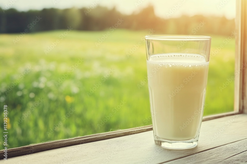 A refreshing glass of milk set on a window ledge with natural sunlight streaming in, creating an inviting and healthy beverage. A refreshing glass of milk set on a window ledge with natural sunlight streaming in, creating an inviting and healthy beverage.