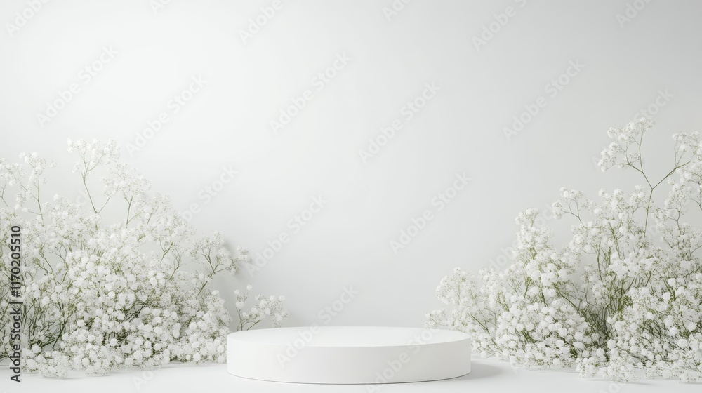 Fototapeta premium Top view photo with podium and white gypsophila flowers on white background with empty space