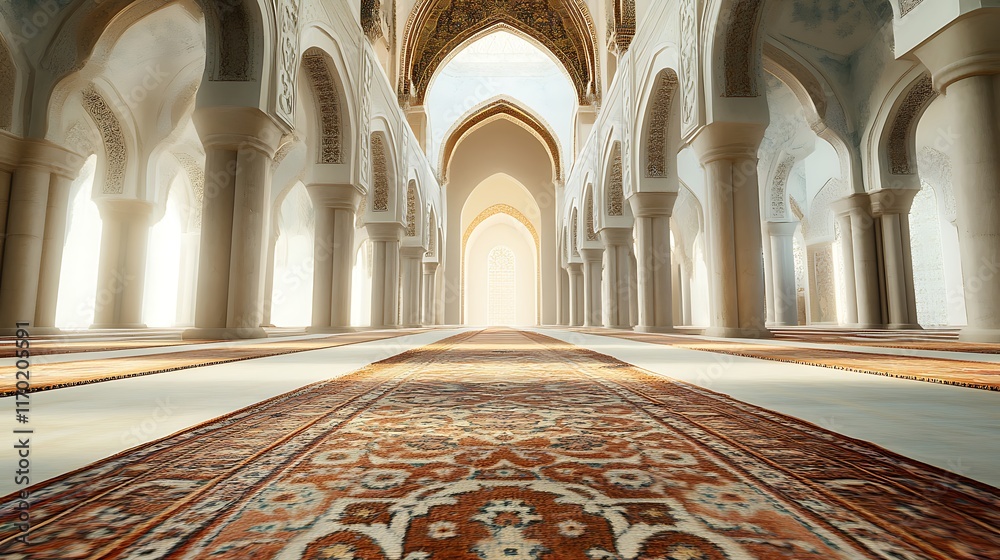 Obraz premium Sunlit mosque interior with arched columns and ornate carpet.