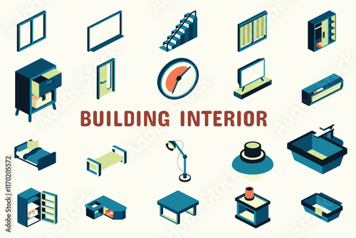 Building Interior Flat Vector Illustration Icon Sticker Set Design Materials