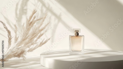 Elegant Summer Pefumery Concept made with Perfume Bottle and Soft Summer Plant standing on White Round Podium Vertical Photography photo