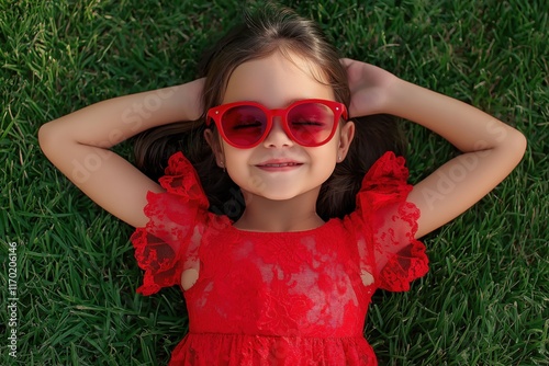 smiling little girl in a bright red dress and sunglasses laying on the grass with her hands behind the head photo