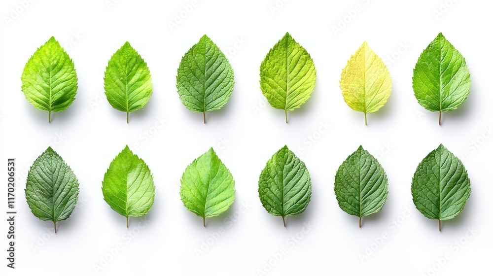 Various green leaves arranged in a grid pattern. Various green leaves arranged in a grid pattern.