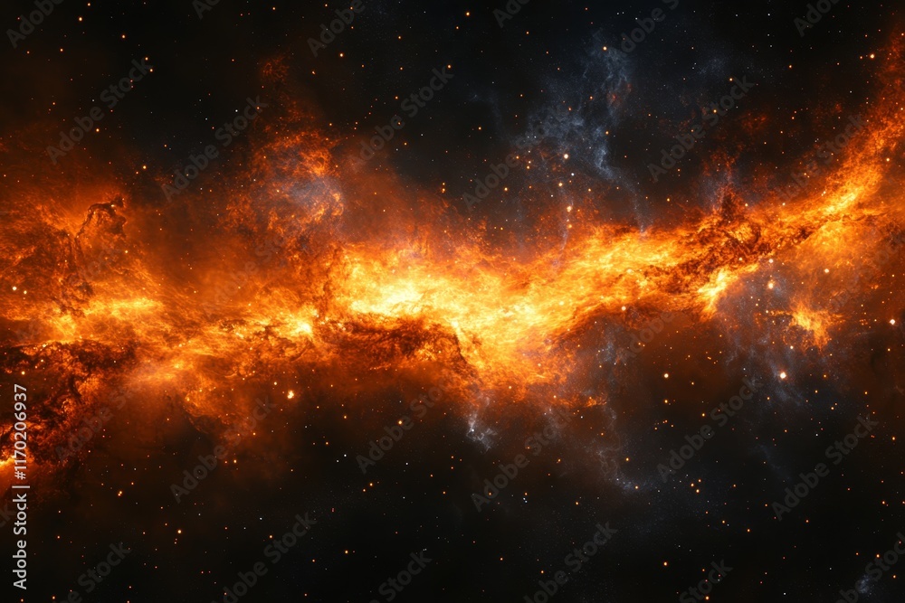 Fiery cosmic nebula, swirling gas and dust clouds in space. Fiery cosmic nebula, swirling gas and dust clouds in space.
