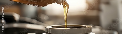 Wallpaper Mural A bottle is pouring golden liquid into a container, suggesting an oil change or maintenance task in a workshop setting. Torontodigital.ca