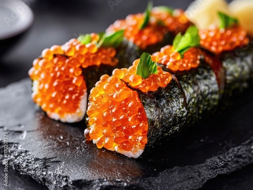 A visually appealing and delicious sushi roll topped with roe, mint leaves, and cultured pearl onions. A gourmet appetizer or meal option. photo