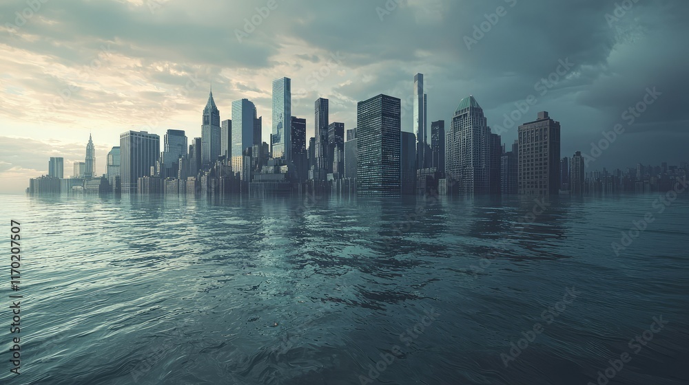 Fototapeta premium Flooded Cityscape with Skyscrapers Under Dramatic Cloudy Sky