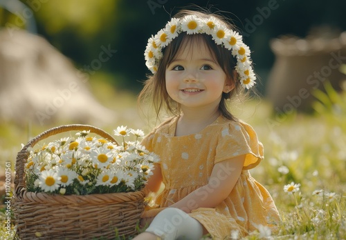 A happy little girl wearing a flower wreath, sitting on the grass with a basket full of daisies, in a green meadow background