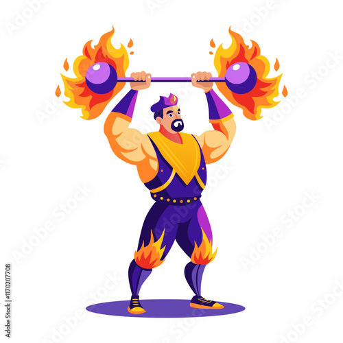 Strongman lifting fire dumbbells illustration in flat style 