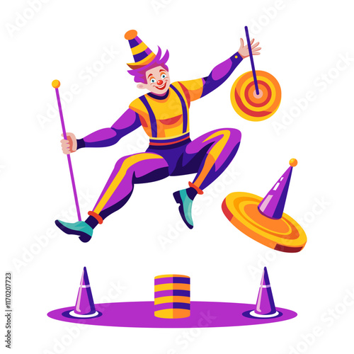 Circus clown showing his tricks illustration in flat style 

