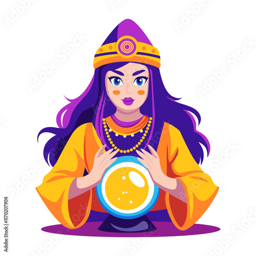Fortune teller with a crystal ball illustration in flat style 

