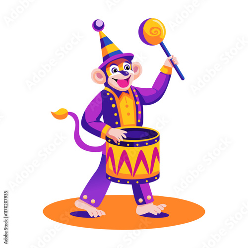 Monkey drum performance illustration in flat style 

