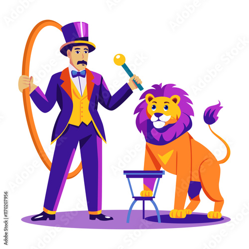 A flat illustration of lion trainer performing in a circus 