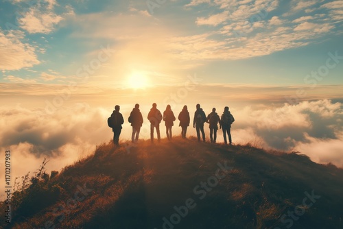 Standing atop the world united a group of individuals overlooks the stunning cloudscape from a hilltop