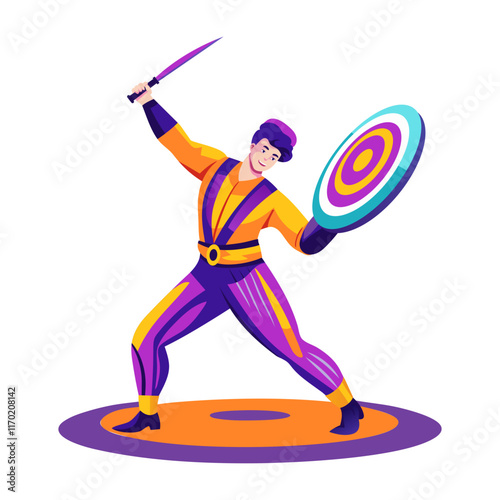 A flat illustration of a knife thrower character 
