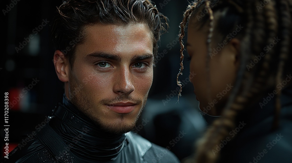 Close-up of two individuals in futuristic attire. Close-up of two individuals in futuristic attire.