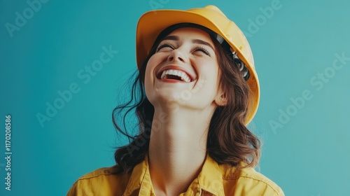 A woman in a construction helmet and safety vest laughing heartily, wearing work clothes on a bright blue backdrop.