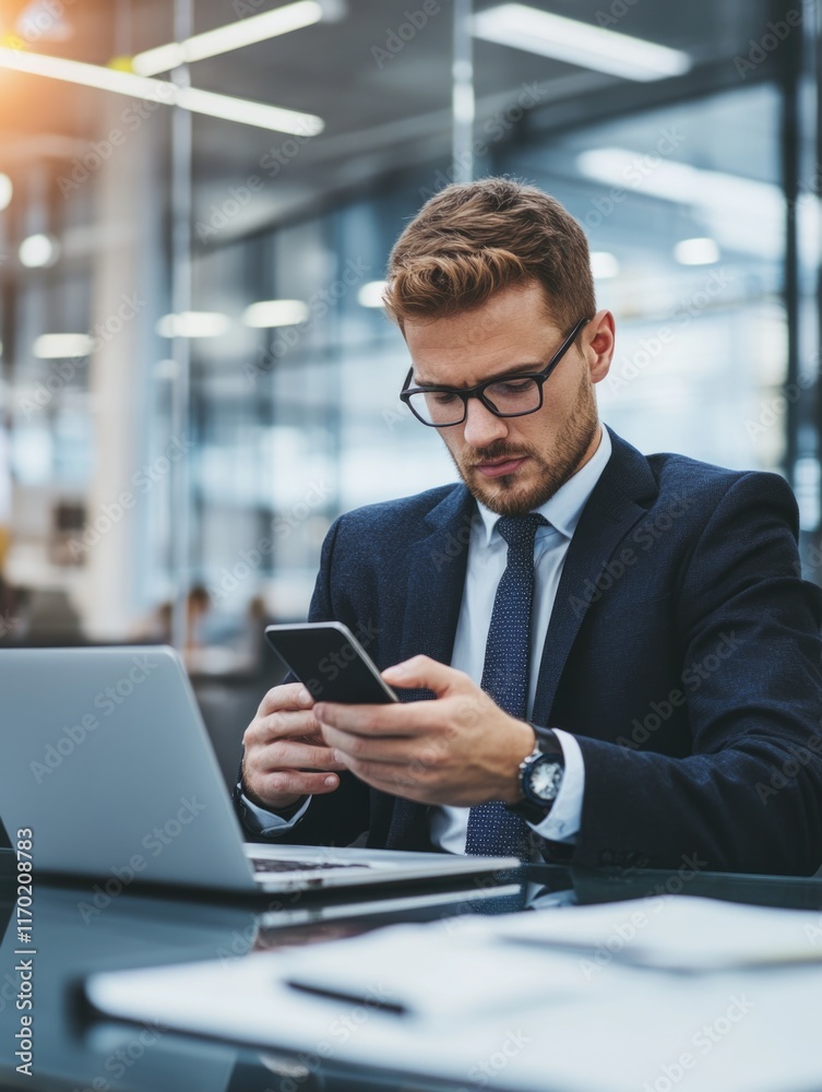 Fototapeta premium Man in business attire using technology for work