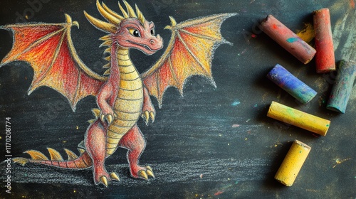 Fairy tale dragon draw with chalk on paper Large copy space on right photo