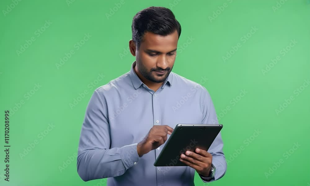 Focused Man Using Tablet Against Green Screen Focused Man Using Tablet Against Green Screen