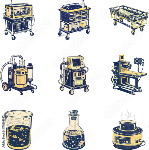 Pack of Vintage Style Hospital Equipment Illustrations

