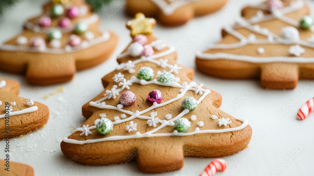 Homemade Gingerbread cookies Christmas Trees decorated with icing and sugar decorations Homemade Gingerbread cookies Christmas Trees decorated with icing and sugar decorations