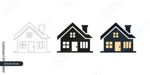 House Icon in Three Styles: Editable Stroke Outline, Silhouette and Colorful