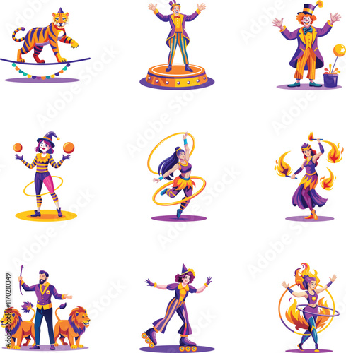 Set of Flat Style Circus Show Illustrations 


