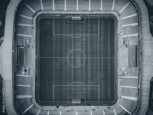 Football stadium with empty seats and white lines. Shows center circle, goals, halfway line, corners, pitch and the concrete architecture.