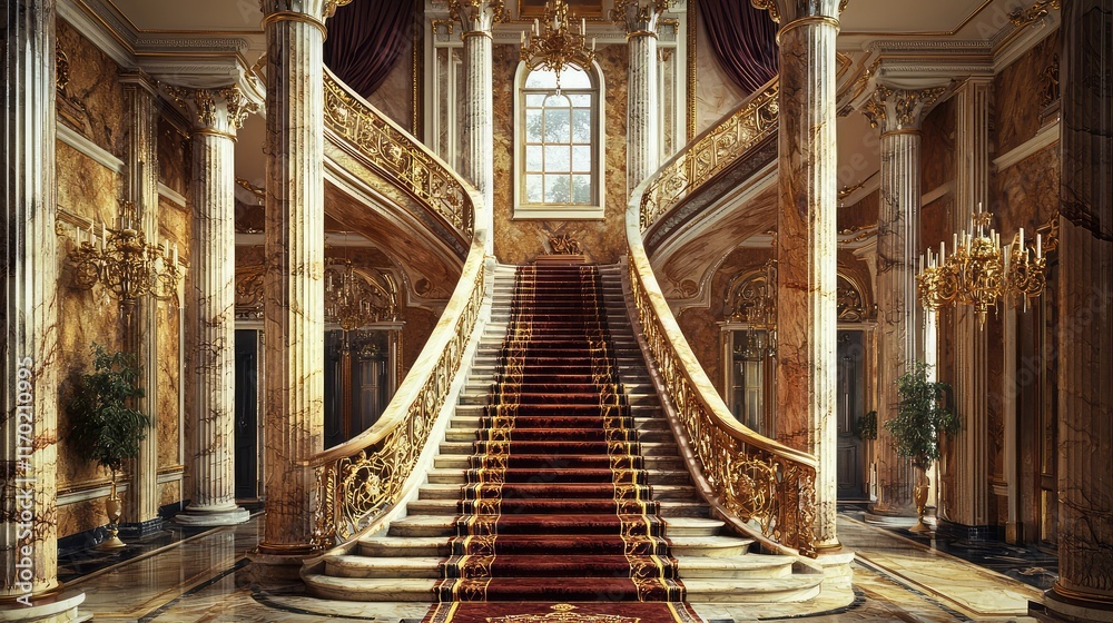 Obraz premium Grand staircase in ornate palace with luxurious interior decor