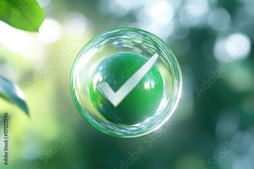 Check marks in green bubbles on leafy background, symbol of approval and acceptance.