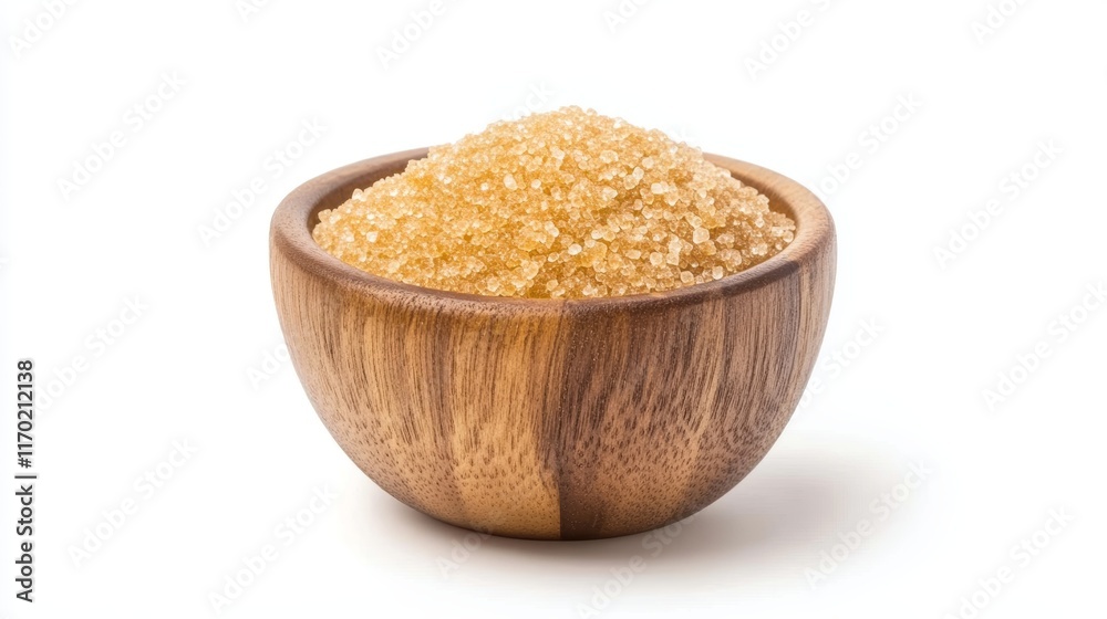 Wooden bowl with sugar granulated isolated on white background Wooden bowl with sugar granulated isolated on white background