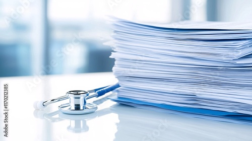 A photostock of a stack of medical journals and research papers