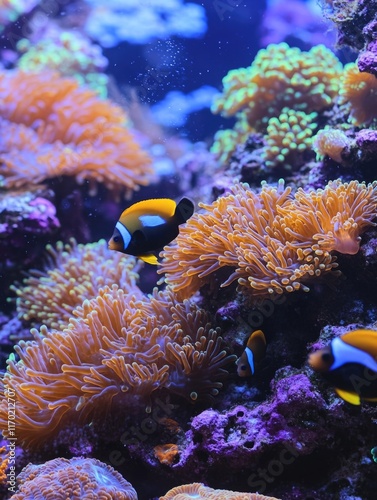 Colorful coral reef with a fish swimming in between the coral. The fish is orange and black