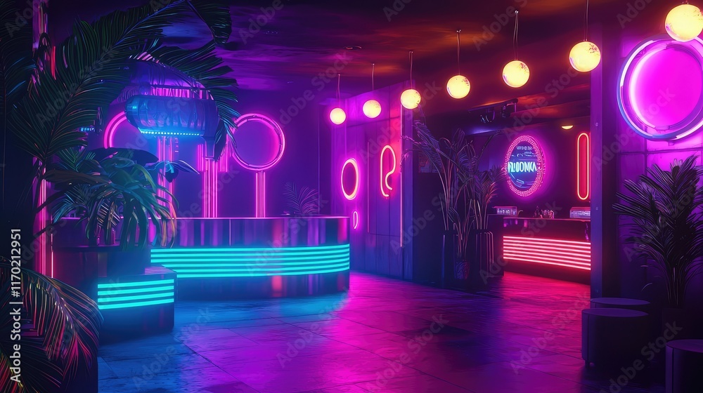 Obraz premium Vibrant Neon Bar Interior with Colorful Lighting and Decorations
