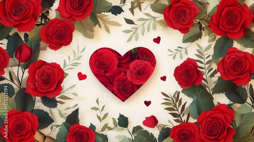 Art banner design of red roses and the paper heart on Valentine Day