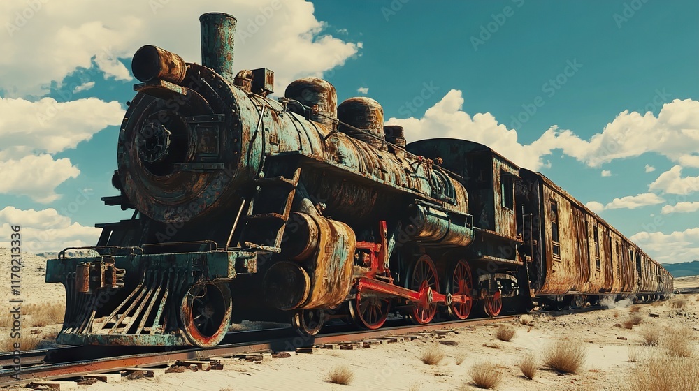 Naklejka premium Rusty Train in the Desert: A Vintage Journey Through Time