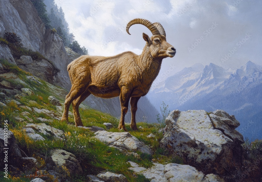 an ibex in the Alps, standing on a grassy mountainside with rocks and a path an ibex in the Alps, standing on a grassy mountainside with rocks and a path