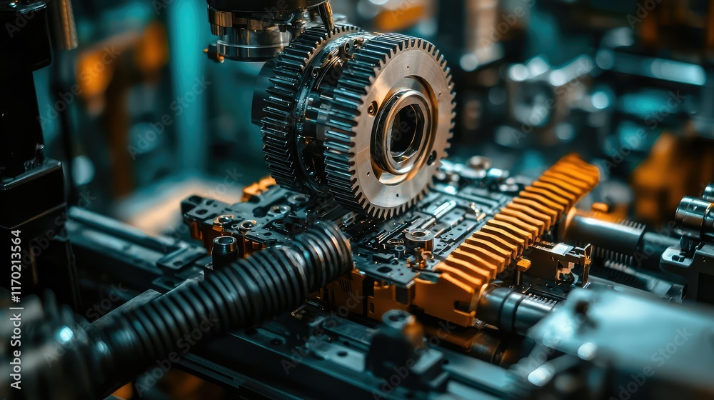 Intricate Close-Up of Industrial Gear Mechanism in Machinery Setup Intricate Close-Up of Industrial Gear Mechanism in Machinery Setup