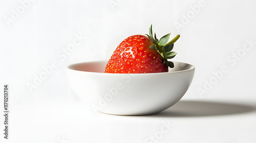 A single strawberry rests in a small white bowl