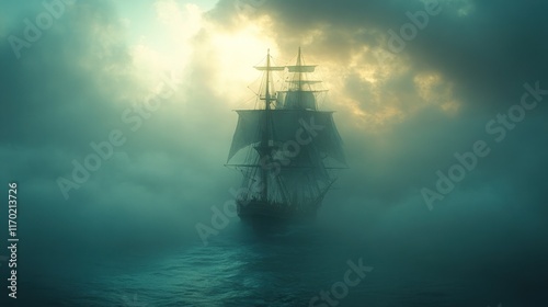Mysterious sailing ship emerges from dense fog at sunset.