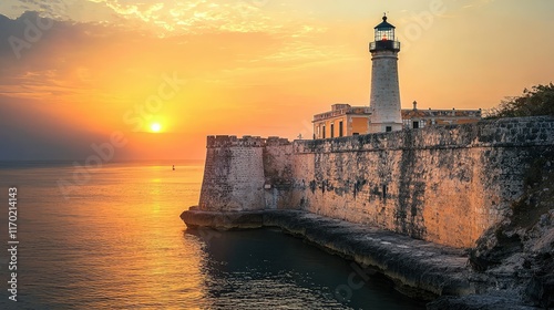 Sunset Over Historical Lighthouse by Calm Ocean Waters