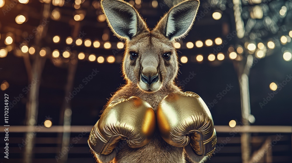 Kangaroo in Boxing Gloves Ready for Sport Challenge in Arena Kangaroo in Boxing Gloves Ready for Sport Challenge in Arena