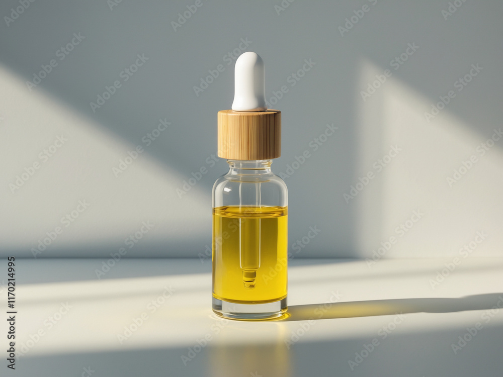 Fototapeta premium A minimalist glass dropper bottle filled with golden liquid, featuring a bamboo cap and white dropper, set against a soft gray background with dramatic natural lighting.