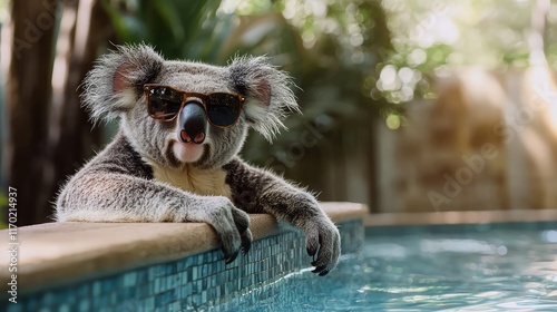 Koala Relaxing by Poolside with Sunglasses in Tropical Setting photo