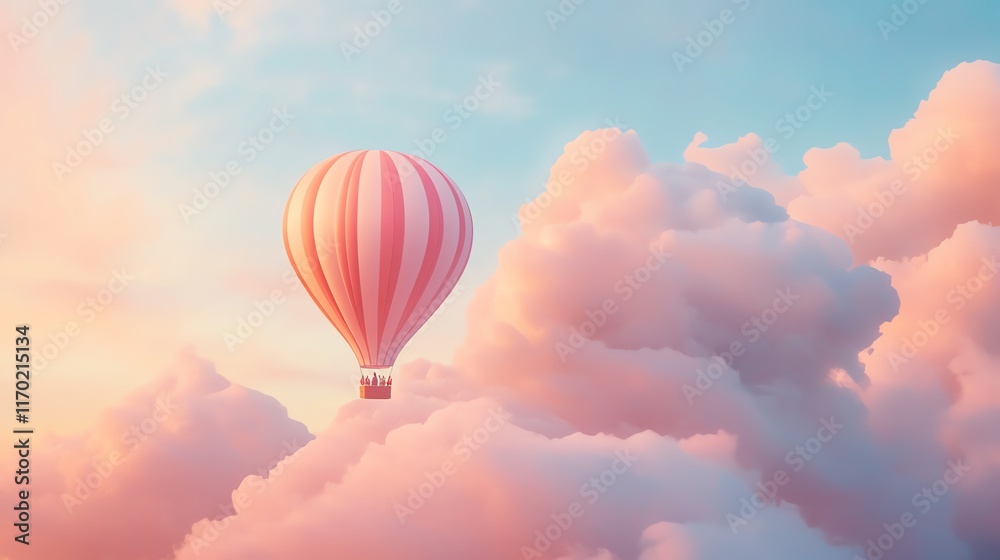 Fototapeta premium Colorful Hot Air Balloon Floats Among Pastel Clouds at Sunrise in a Serene Sky