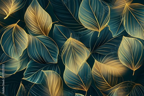 Wallpaper Mural Teal and gold leaves pattern. (3) Torontodigital.ca
