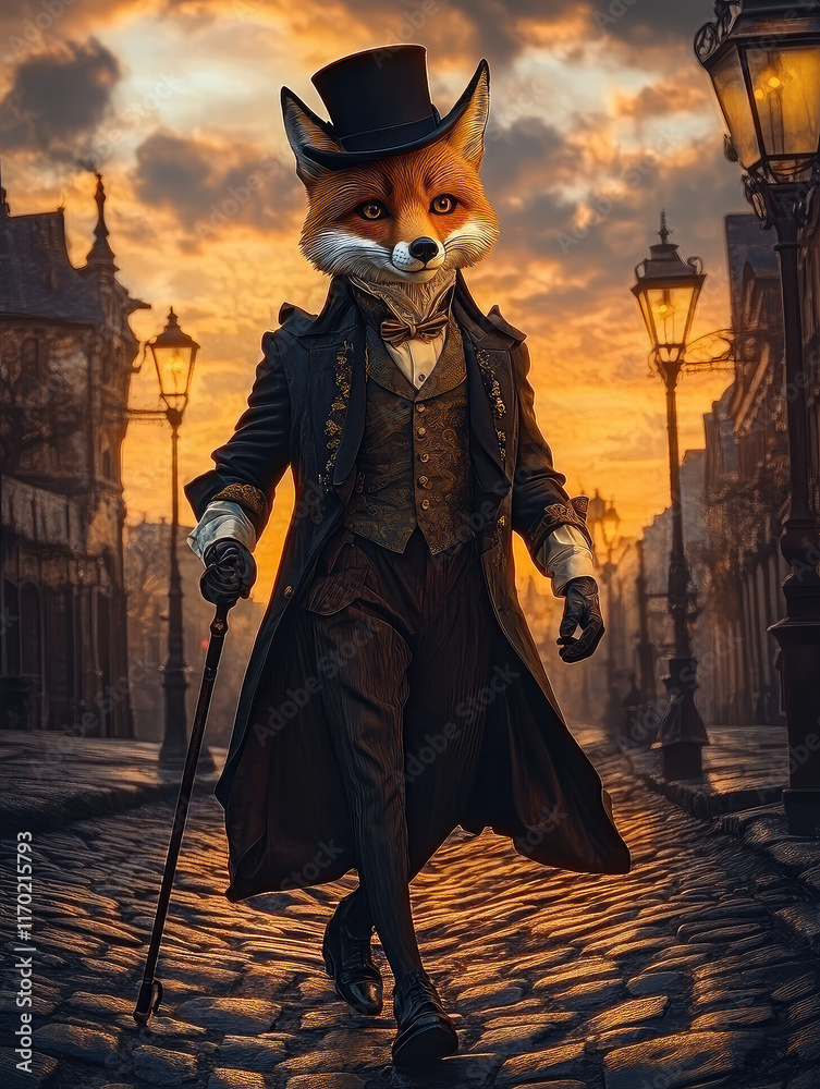 Fototapeta premium Elegant Victorian Style Anthropomorphic Fox Walking Confidently Down a Cobblestone Street at Sunset