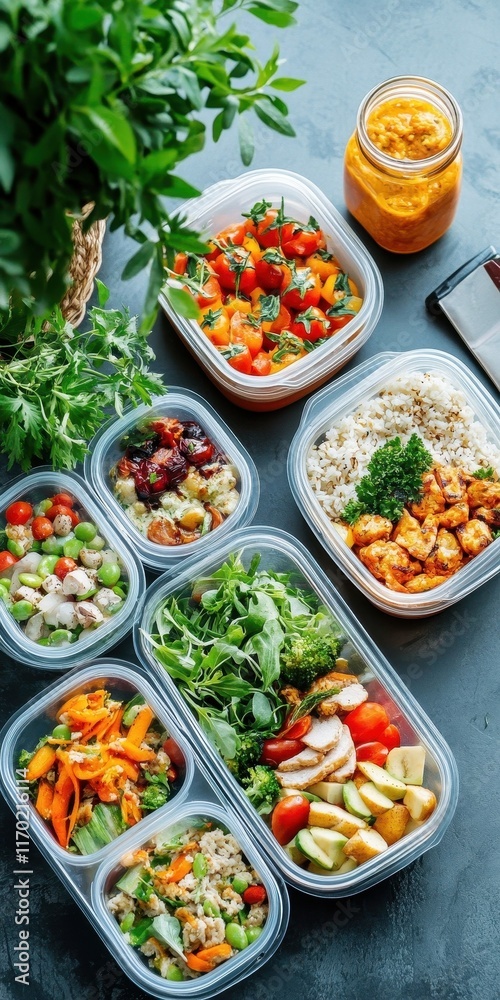 Colorful reusable containers filled with healthy meals, showcasing a variety of nutritious ingredients and balanced options. Colorful reusable containers filled with healthy meals, showcasing a variety of nutritious ingredients and balanced options.