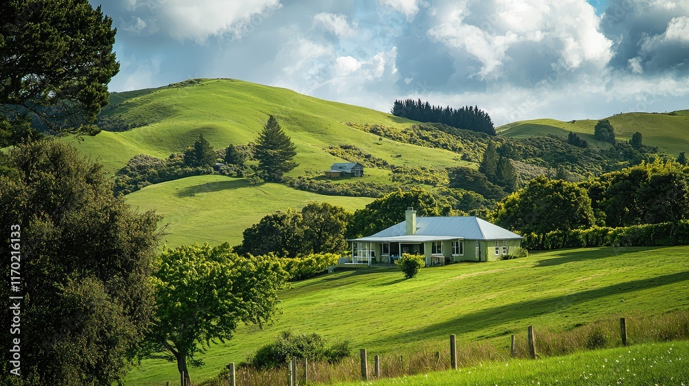 Obraz premium Serene countryside home with rolling green hills and beautiful sky